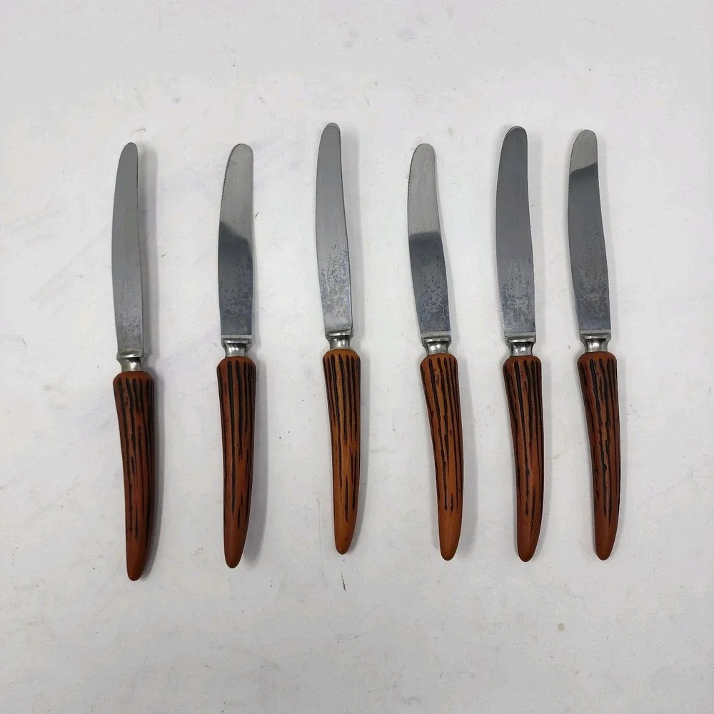 E. Parker & Sons 6 Stainless‎ Knives Sheffield England VTG Bakelite Faux Antler